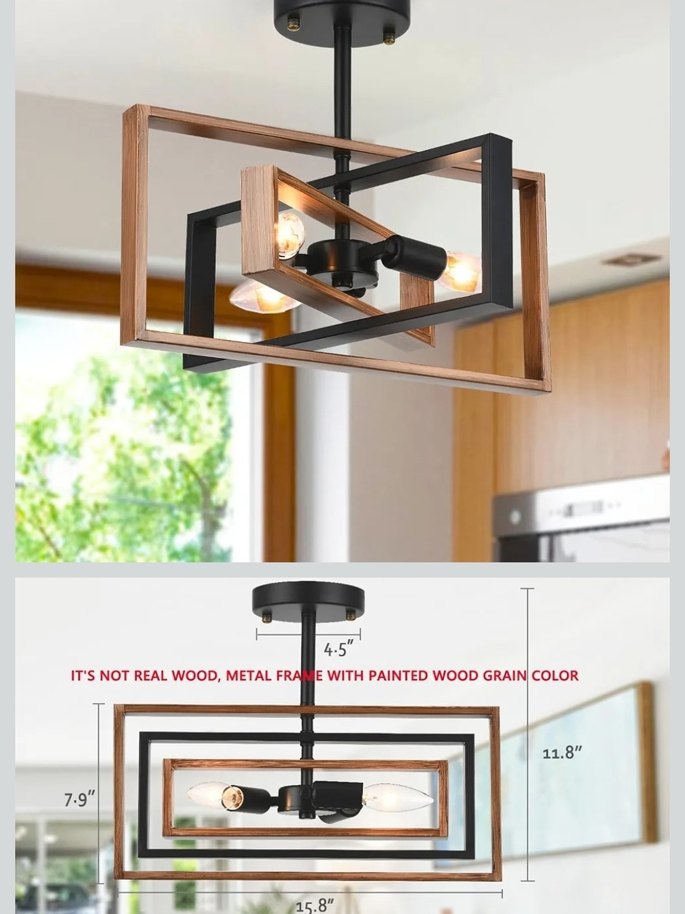 New In Box Modern Black and Wood Grain Ceiling Light Chandelier